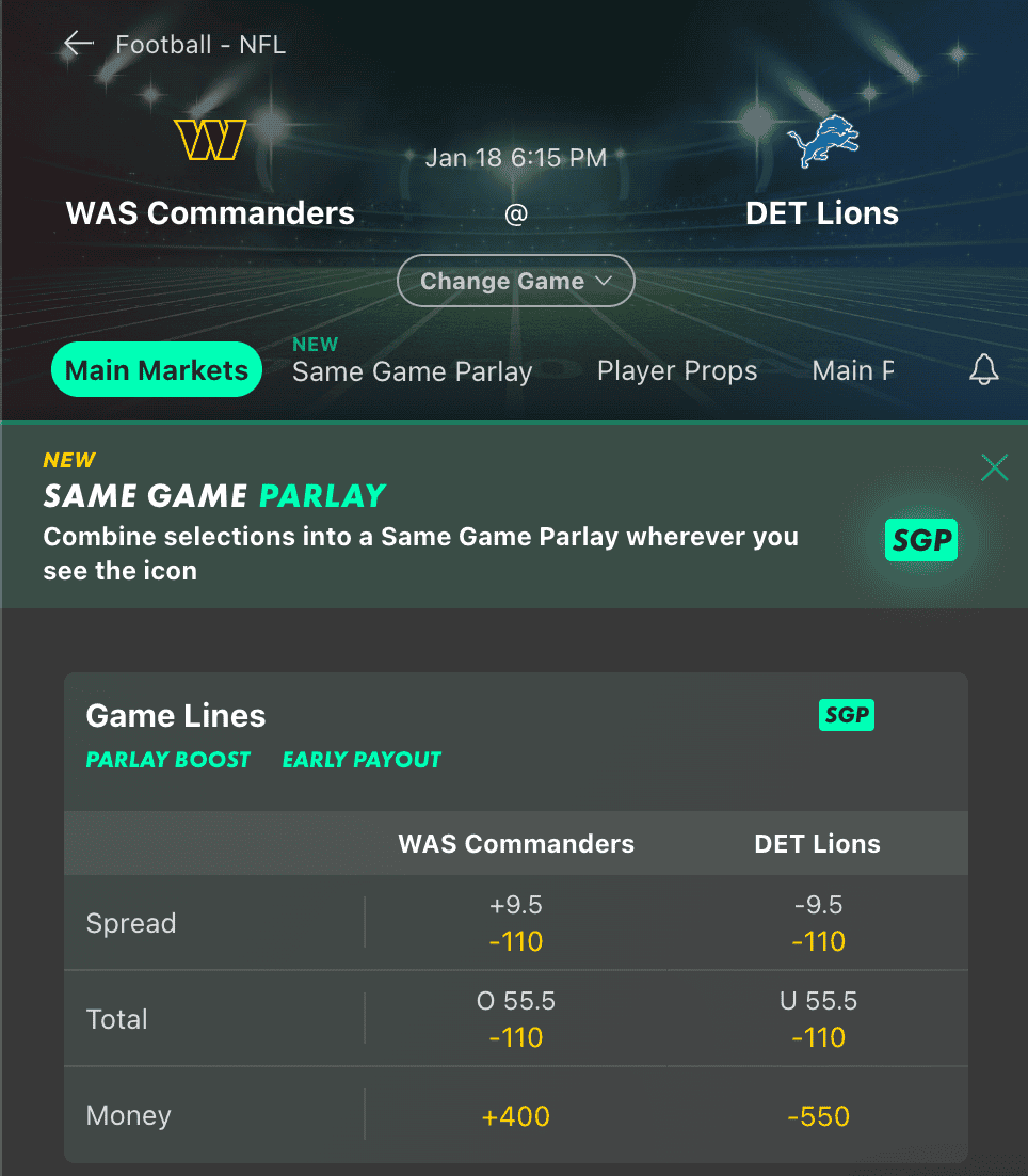 Detroit vs. Washington in the NFL Divisional Round odds by bet365.